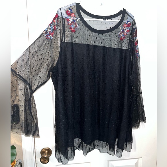 Lane Bryant Mesh Embroidered Black Blouse Sz 26/28 - Picture 5 of 16